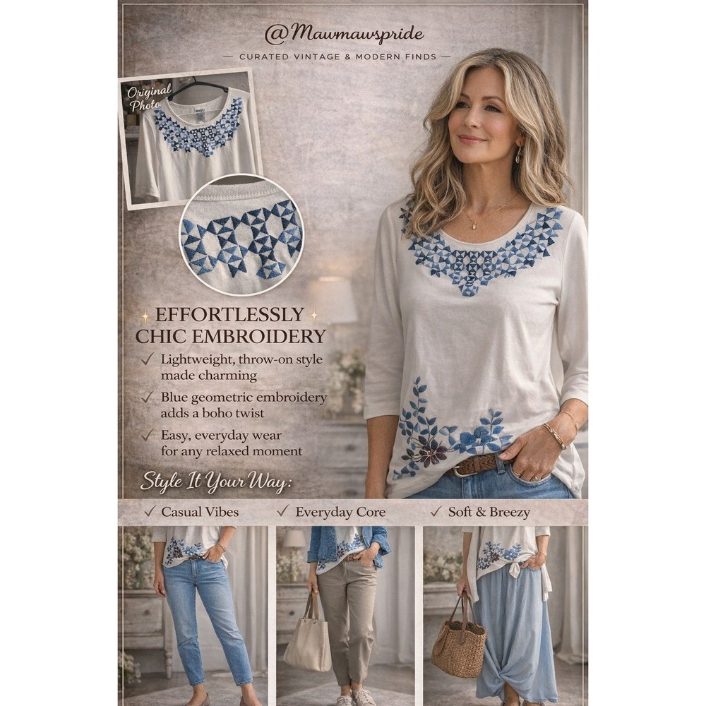 Embroidered Top LP White Geometric Boho Blouse Short Sleeve Casual Cottagecore